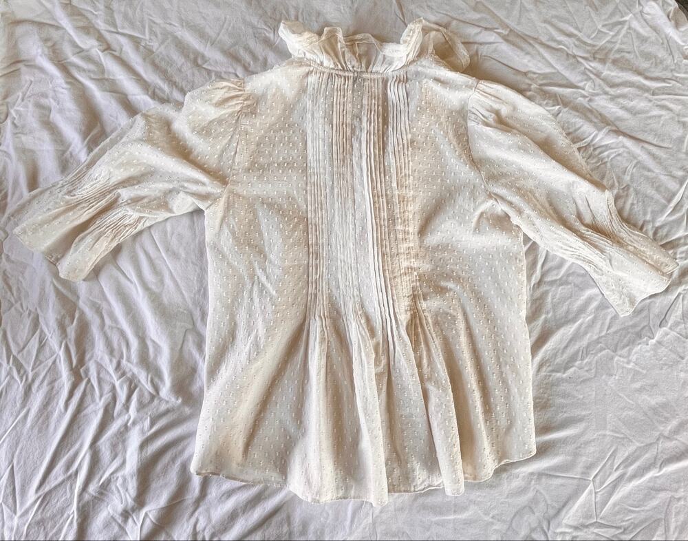 Anthropologie Cream Swiss Dot Ruffle Neck Pintuck Blouse M Edwardian Peasant Top
